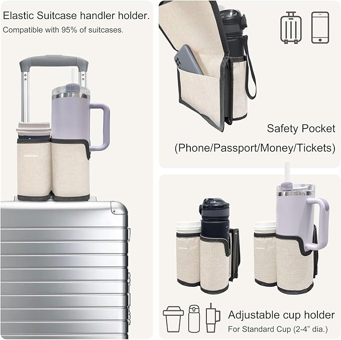 2 in 1 Luggage Cup Holder for Suitcase|Airplane Tray Table Carry on Hands Free Drink Carrier for Stanley Tumblers Coffee Beverage Organizer Gifts for Travelers(Off-White)