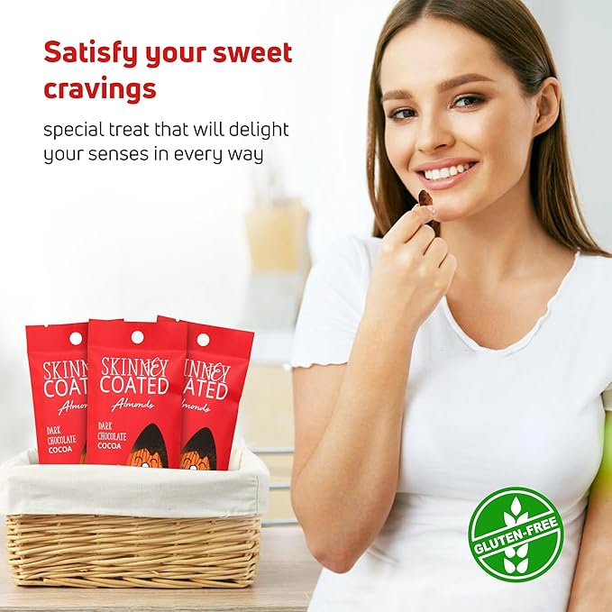 Skinny Coated Dark Chocolate Cocoa Snacks, Cocoa Flavored Almonds Healthy Chocolate Snacks in Bulk - Skinny Almonds, Kosher, Gluten Free Sweet Snacks for Adults, 1.2Oz p/Bag, 6 Pack