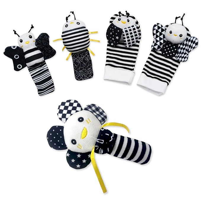 BABY K Rattle Socks & Wrist Rattles and Hand Rattle (Set E+ Flower) - Newborn Toys for Baby Boy or Girl - Brain Development Infant Toys - Hand and Foot Rattles Suitable for 0-3, 3-6, 6-12 Month Babies