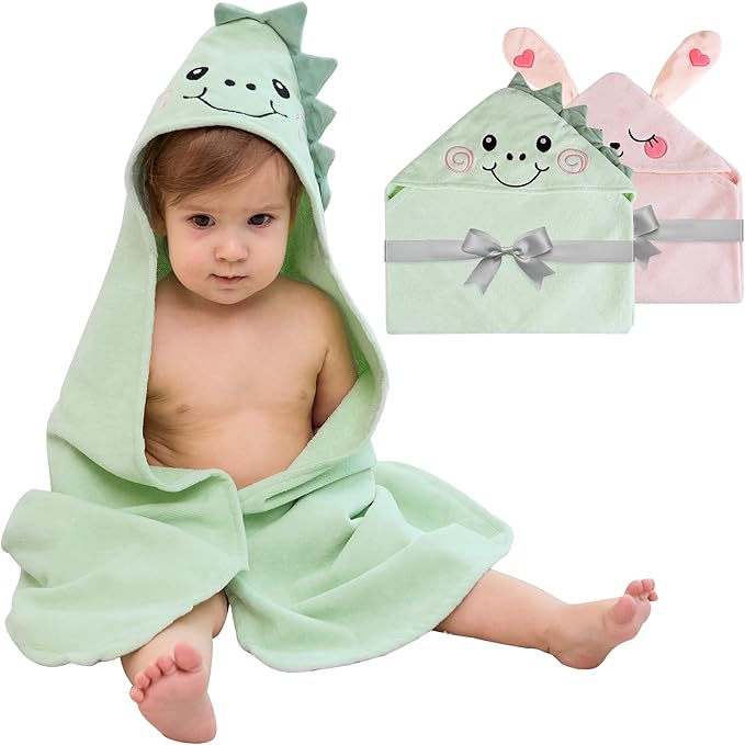Mooreeke 2 Pack Toddler Towels - 100% Cotton Toddler Hooded Towels - Soft Baby Bath Towel with Hood for Newborn - Comfort Towel for Baby Girls and Boys - Animal Shaped (Dinosaur & Bunny)