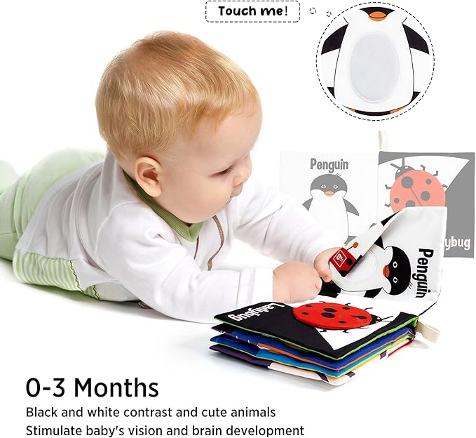 beiens Soft Baby Books, High Contrast Black and White Books NonToxic Fabric Touch and Feel Crinkle Cloth Books Early Educational Stimulation Toys for Infants Toddlers, Baby Girl & Baby Boy Gift Animal