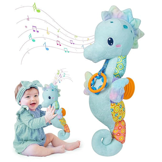 Baby Toys 0-6 Months,Infant Musical Seahorse Stuffed Animals Sensory Toys with Bright Colors,Multiple Textures,Rattles & Crinkle Sound Paper,Soft Tummy Time Toy for Newborn Boys Girls 0-12 Months-Blue