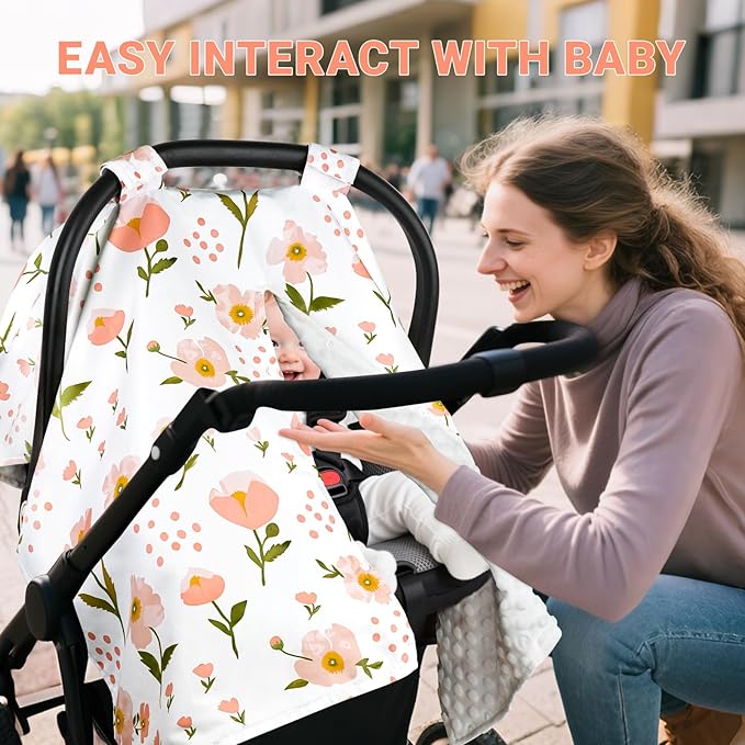 Metplus 2 in 1 Baby Car Seat Cover, Car Seat Canopy for Babies, Mom Multiuse Nursing Cover, Minky Baby Carrier Covers, Newborn Boy Girl, Peekaboo Opening