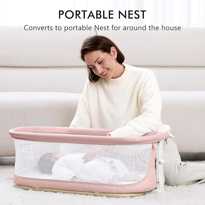 ANGELBLISS 3 in 1 Baby Bassinet, Rocking Bassinets Bedside Sleeper with Calming Motion, Portable Nest for Newborn Infant, Breathable Mesh (Pink)