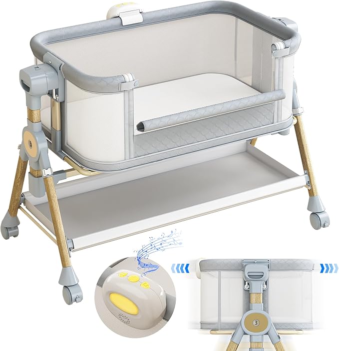 3 in 1 Baby Bassinet Bedside Sleeper, Rocking Bassinet for Baby with Wheels, Music Night Light, Storage Basket, Mattress, Adjustable Height, Portable Rocking Bedside Sleeper for Newborn Infant