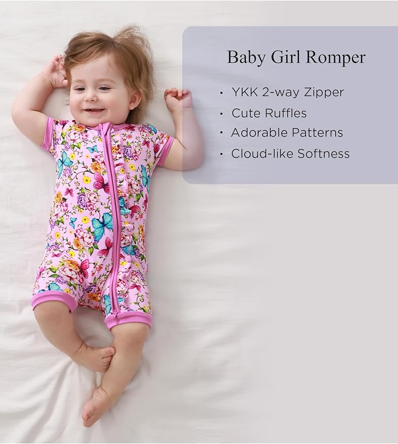 Bamboo Viscose Baby Girl Romper Infant Short Sleeve Zipper Baby Jumpsuit
