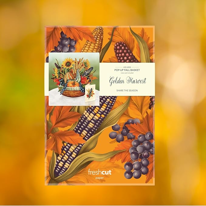 Freshcut Paper Pop Up Cards, Golden Harvest, 12 Inch Life Sized Forever Flower Bouquet 3D Popup Greeting Card, Birthday Cards, Thank You Card, Blank Notecard & Envelope