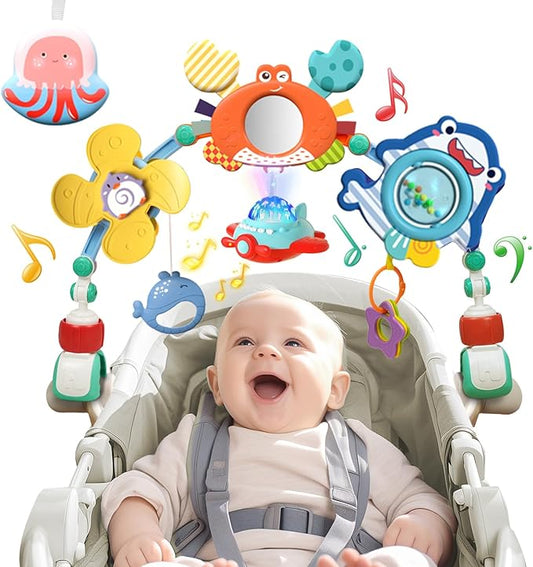 Musical Baby Stroller Arch, Travel Car Seat Toys, Baby Play Arch Crib Accessory, Mobile for Bassinet, Pram Activity Arch Bar for Babies Infants