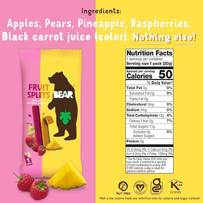 BEAR Real Fruit Snack Splits - Gluten Free, Vegan, and Non-GMO - Raspberry and Pineapple – Healthy School And Lunch Snacks For Kids And Adults, 0.7 Ounce (Pack of 18)