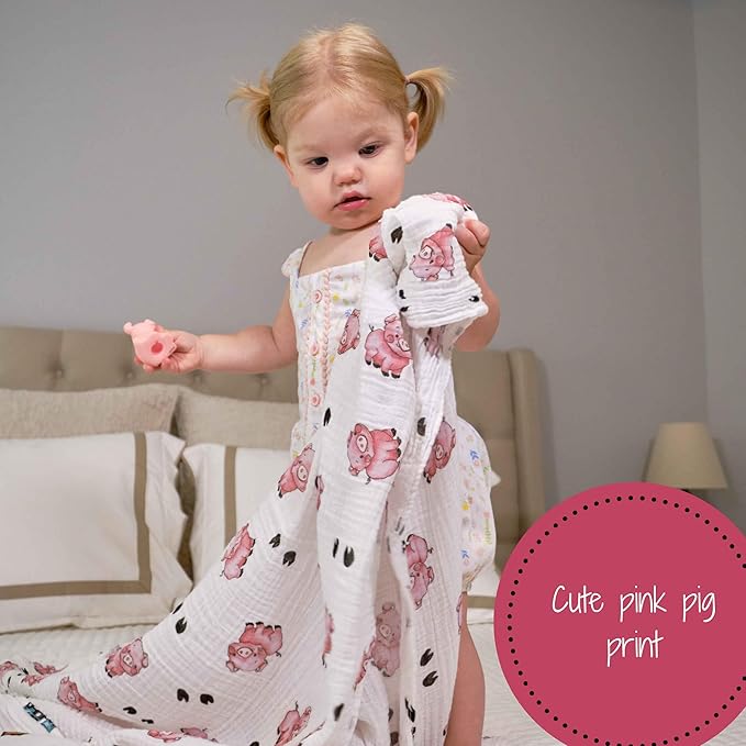 LollyBanks Muslin Swaddle Blankets for Boys and Girls, Large 47 x 47 Inches Baby Blanket, Soft and Breathable 100% Cotton Baby Receiving Blankets, Baby Essentials, Registry (Piggy Farm Theme)