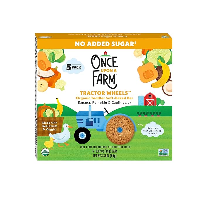 Once Upon A Farm Banana, Pumpkin & Cauliflower Soft Baked Bar Snack, for Toddler, Tractor Wheels, No Added Sugar, Non GMO, 3.35 Ounces (Pack Of 8)