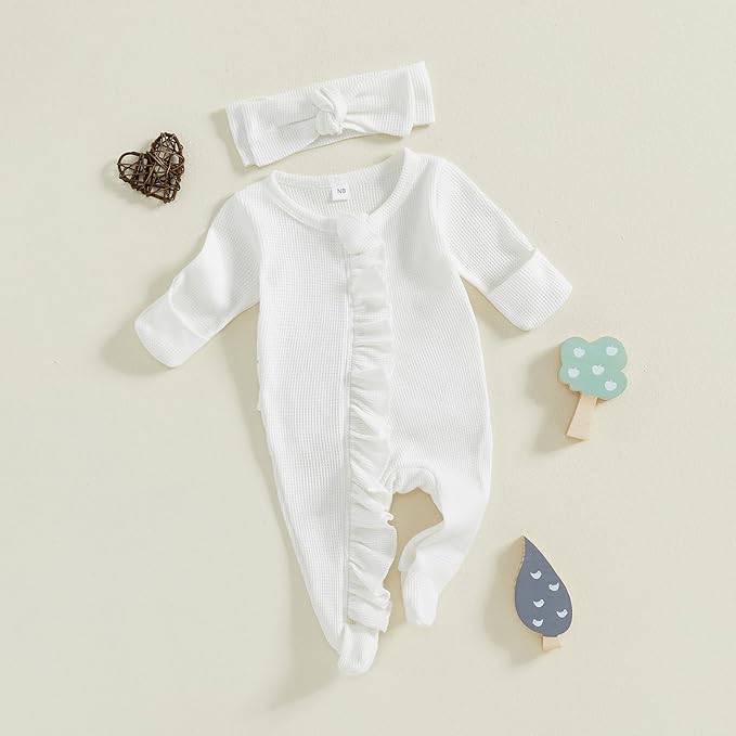 Fanvereka Newborn Infant Baby Girl Fall Outfit Romper 3 6 12 Months Girls Long Sleeve Full Length Zipper Footie Headband