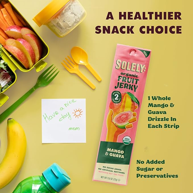 SOLELY - Organic Mango Guava Fruit Jerky - 12 Individually Wrapped Strips (12-Pack) - Fruit Leather Made from Dried Fruit - Healthy Snacks for Adults & Kids - Non GMO, Vegan Snacks - 0.8oz (23g)