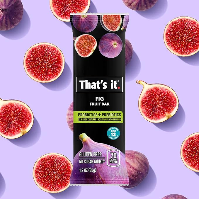 That's it. Fig Probiotic Fruit Bar Pack,. Just Real Fruit + Probiotics, 70 Calories Per Bar, All Natural, 2- Ingredients, Shelf Stable, Allergy-Friendly (12 Count)