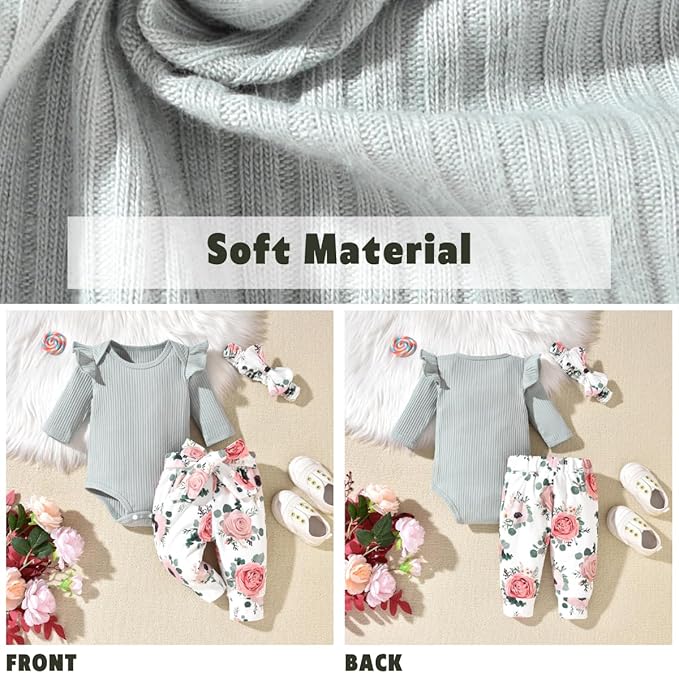 Aalizzwell Preemie Newborn Infant Baby Girls Clothes Ribbed Romper Bodysuit Pants Set Fall Winter Outfits