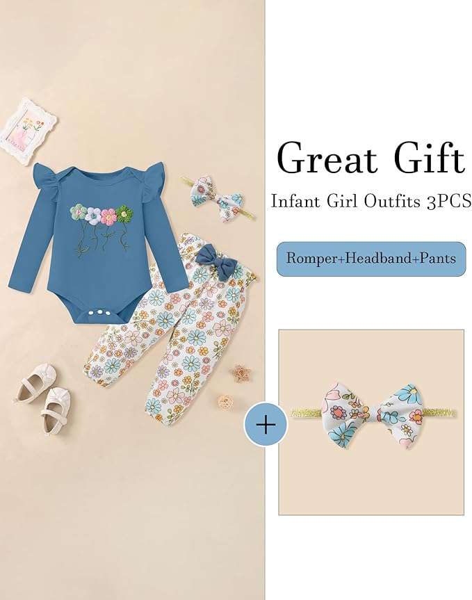 Baby Girl Clothes Newborn Infant Cotton Ruffle Romper+ Floral Pants + Headband Sets Fall Winter Outfits