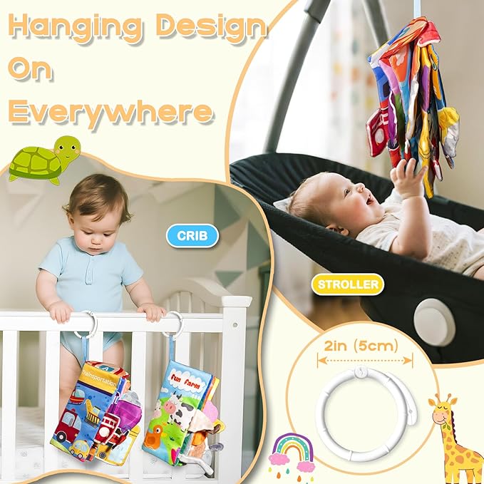 Soft Book Toys for Babies 0-18 Months, 2PCS Crinkle Cloth Books – Animals and Ocean Themes, Tails Sensory Book with Rings for Hang, Montessori Early Learning Infant Toy for 0-6-12-18 Month