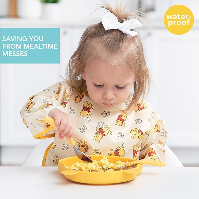 Bumkins Disney Sleeved Bib for Girl or Boy, Baby and Toddler for 6-24 Mos, Essential Must Have for Eating, Feeding, Baby Led Weaning, Long Sleeve Mess Saving Food Catcher, Winnie the Pooh Hunny