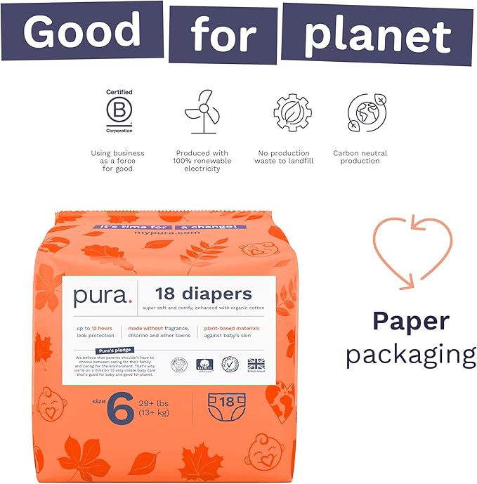 Pura Size 6 Eco-Friendly Diapers (29+ lbs) Totally Chlorine Free (TCF),Hypoallergenic, Soft Organic Cotton, Sustainable, up to 12 Hours Leak Protection, Allergy UK, 18 Count (Pack of 6),Total-108