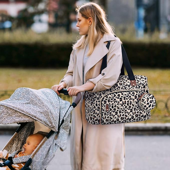 Diaper Bag Tote, Baby Bag Travel Diaper Tote Bag with Pacifier Case, Cute Maternity Hospital Baby Stylish Diaper Tote for Mom Dad Leopard Print