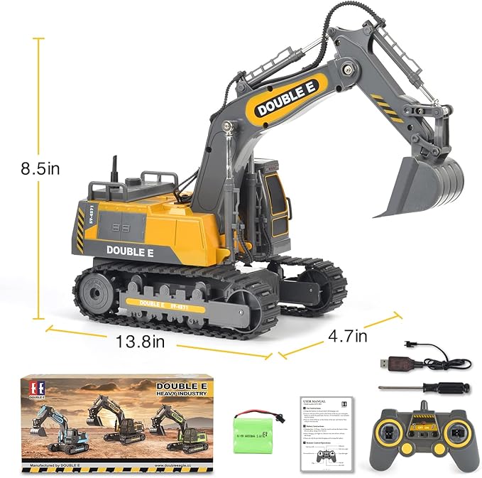 DOUBLE E Remote Control Excavator Toy Construction Toys Tractor Rechargeable Battery RC Vehicles Electric Truck Sandbox Digger Toys for Boys Girls Kids, Gray