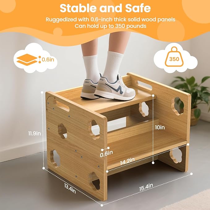 Step Stool for Toddlers Wooden, Flip Design with - Height - Adjustable Non-Slip 2-Step Stool for Kids, Non-Slip Stepping Stool for Bathroom Sink, Toilet Potty Training, Bedroom, Kitchen