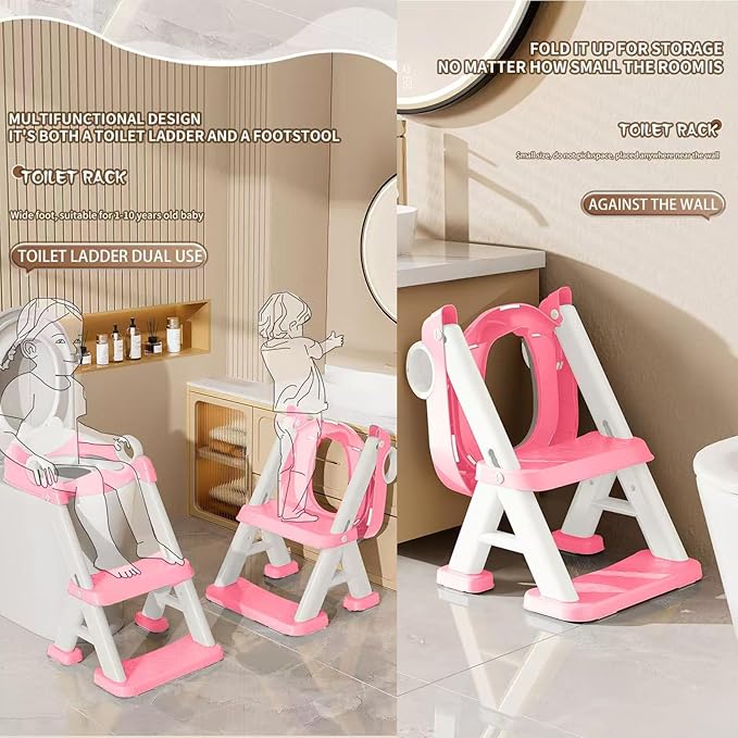 PandaEar Toilet Potty Training Seat with Step Stool Ladder, Comfortable Safe Potty Seat with Anti-Slip Pads Ladder & Bear Design for Kids Boys Toddlers -Pink