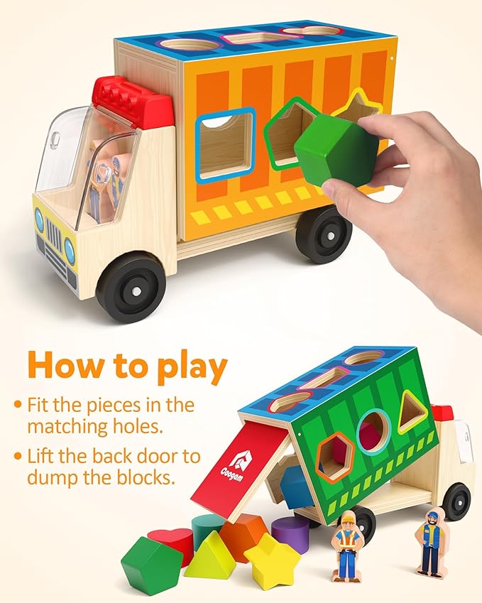 Coogam Montessori Sorting Toys for Toddles, Wooden Color Shape Sorter Truck Toy with 2 Play Figures - Fine Motor Educational Learning Gift Toy for Kids 2 3 4 Year Old