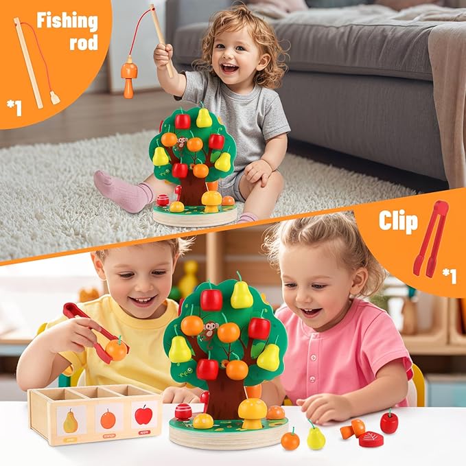 Montessori Toys for 3 4 5 6 Year Old - Wooden Sensory Toy for Toddlers - Shape Sorting Puzzle for Fine Motor Skills - Apple Picking Magnetic Tree Toy,Hand-Eye Coordination,Color Recognition