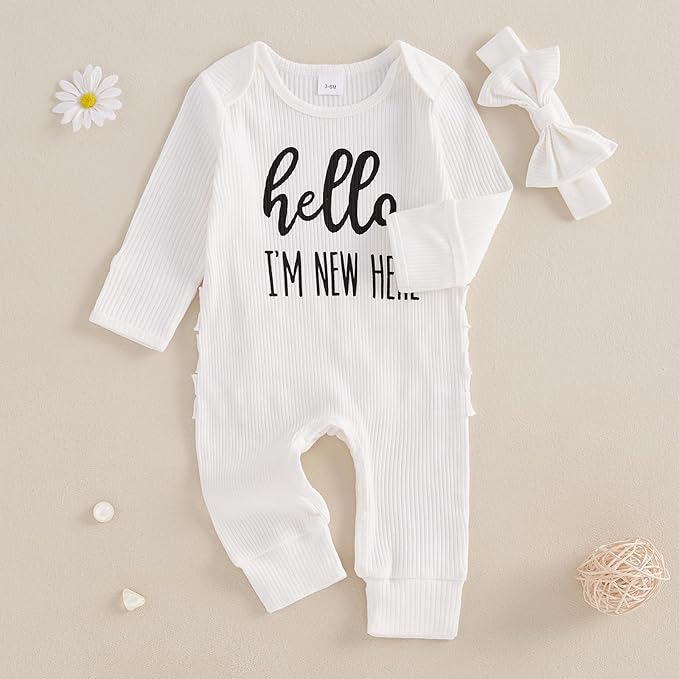 Newborn Baby Girls Rompers Knit Round Neck Long Sleeve Infant Fall Jumpsuits with Headband Coming Home Outfit