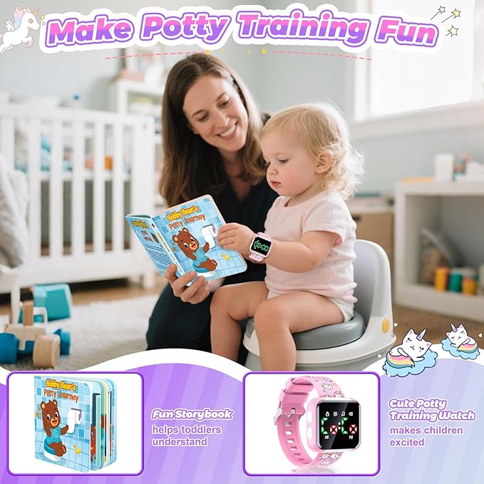 Potty Training Watch and Board Book for Toddler Girls: Adjustable Volume Potty Watches for Kids Water Resistant Toilet Timer Alarm Unicorn Toddler Watch Gifts for 1 2 3 4 5 Year Old Girl (Pink)