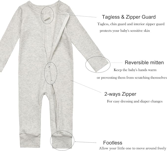 Aablexema Baby Cotton Fooltess Pajamas with Mitten, 3-pack Infant Romper Zip Up One Piece Jumpsuits Outfit