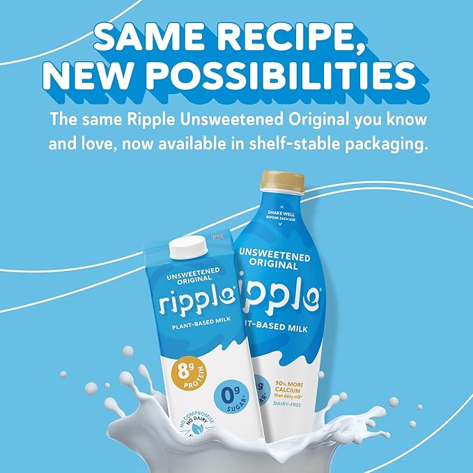 Ripple Unsweetened Original Plant Based Milk | 8g of Quality Sourced Pea Protein, Calcium Rich | Shelf Stable | Vegan, Non GMO | Dairy, Soy, Nut, & Gluten Free | 32 Fl Oz Cartons (Pack of 6)