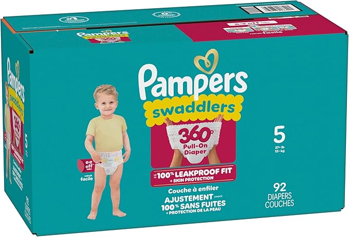 Pampers Diapers - Swaddlers 360° - Size 5, 92 Count, up to 100% Leakproof Comfy Dry Fit, Designed for Easy Changes, Pull On Baby Diaper (Packaging May Vary)