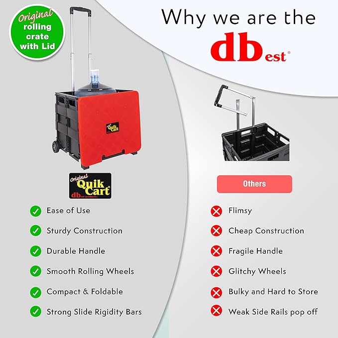 dbest products Quik Cart Collapsible Rolling Crate on Wheels for Teachers Tote Basket 80 lbs Capacity, Made from Heavy Duty Plastic and used as a Seat, Standard, Red