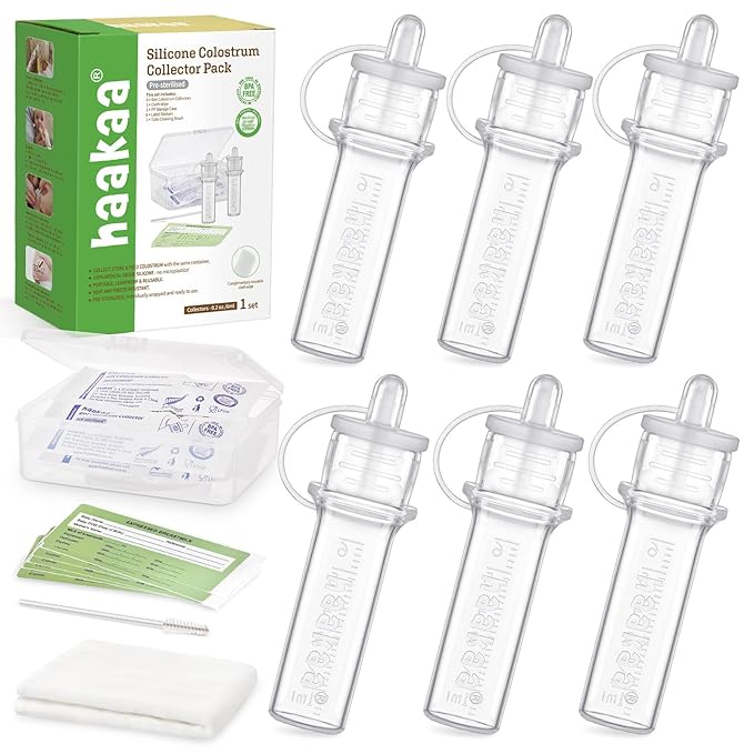 haakaa Colostrum Collectors 6ml/6pcs Pack - Collect, Store & Feed Colostrum in One, Ready-to-Use Individually Wrapped, Reusable & Leakproof, Include Cloth Wipe and Cleaning Brush