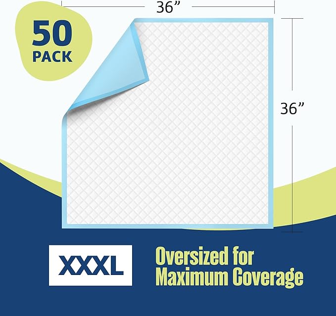 Disposable Underpads 36"x36" XXL (50-Count) – Made in The USA, Leakproof, Incontinence Bed Pads for Adults, Kids, Pets & Seniors – Disposable Chux Pee Pads Max Absorbency Blue