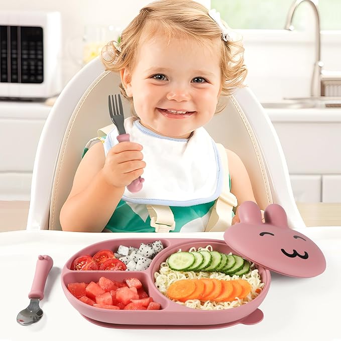 Silicone Baby Plate ,Toddler plates,Self-feeding of infants after weaning , 100% Food Grade Silicone, BPA Free, Including Fork and Spoon, Baby Plates With Suction, Divided Plate for Babies (pink)