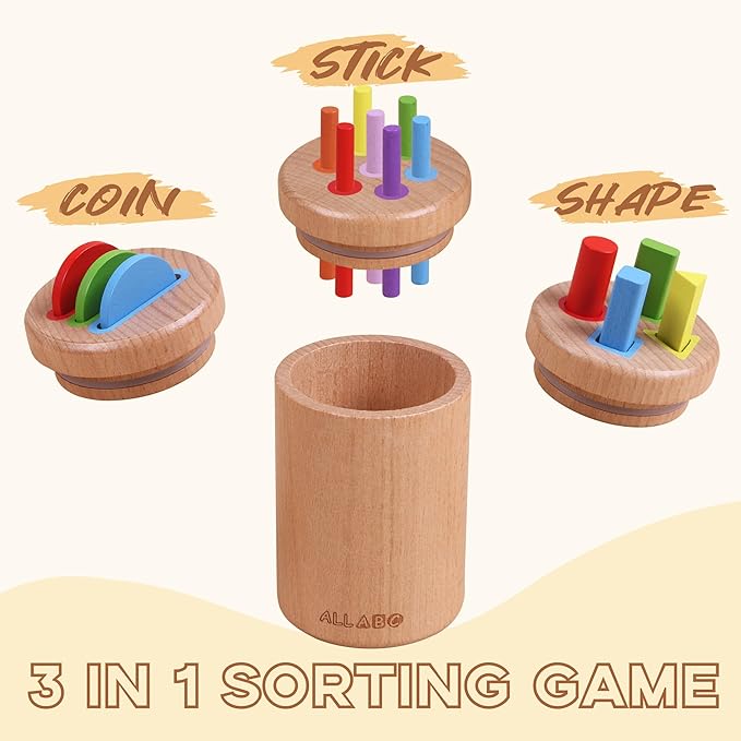 ALLABC 3-in-1 Montessori Color Sorting Toys for 1 2 3 Year Old, Preschool Learning Activities, Wooden Educational Sensory Toys for Toddlers 1-3, Montessori Fine Motor Skills Toy for Age 18 Month Old