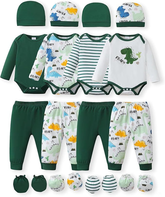 NZRVAWS Newborn Baby Boy Girl Clothes Unisex Infant Romper Pants Set Hat 4-Pack Outfits 0-12 Months 16 Pieces Toddler
