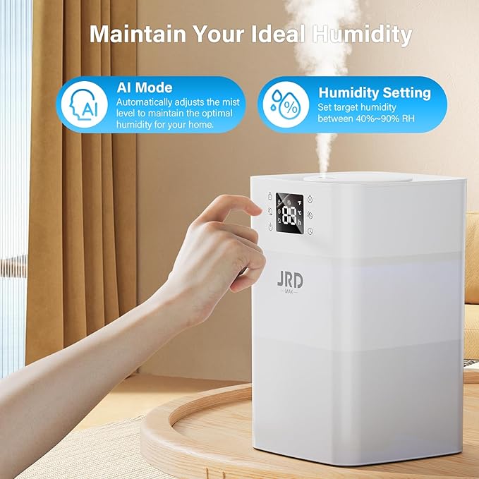 JRD 4L Humidifiers for Bedroom, Cool Mist Humidifier for Large Room, 40H Runtime, 24H Timer, 10 Mist Levels, 360° Nozzle, Night Light for Home, Office, Baby Nursery, Plants（White）