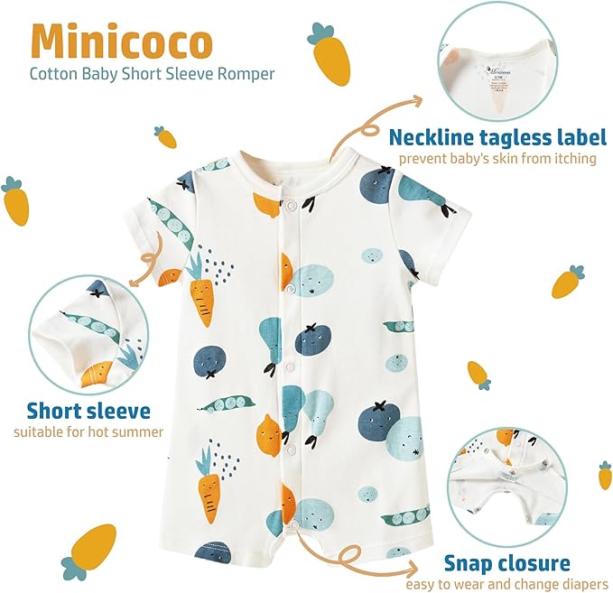 3-Pack 100% Cotton Baby Boy Rompers,0-24Months Short Sleeve Toddler Romper,Breathable Spring/Summer Clothes