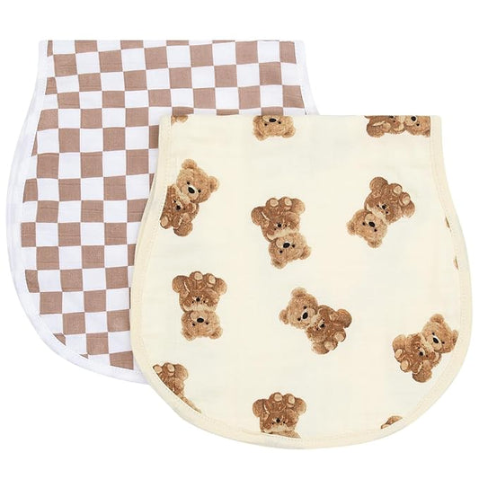 LifeTree Muslin Baby Burp Cloths - 2 Pack 70% Viscose from Bamboo and 30% Cotton Large 22'' by 10'' Absorbent Milk Spit Up Rags - Burping Cloths for Newborn, Girls Boys, Bear and Checkered
