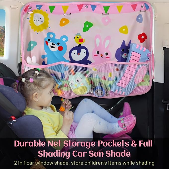 Car Sun Shade for Window Baby (2 Pack), Blackout Window Shades with Storage Net Pocket, 7 Suction Cups, Cute Patterns for Sun/Heat/UV Rays Block