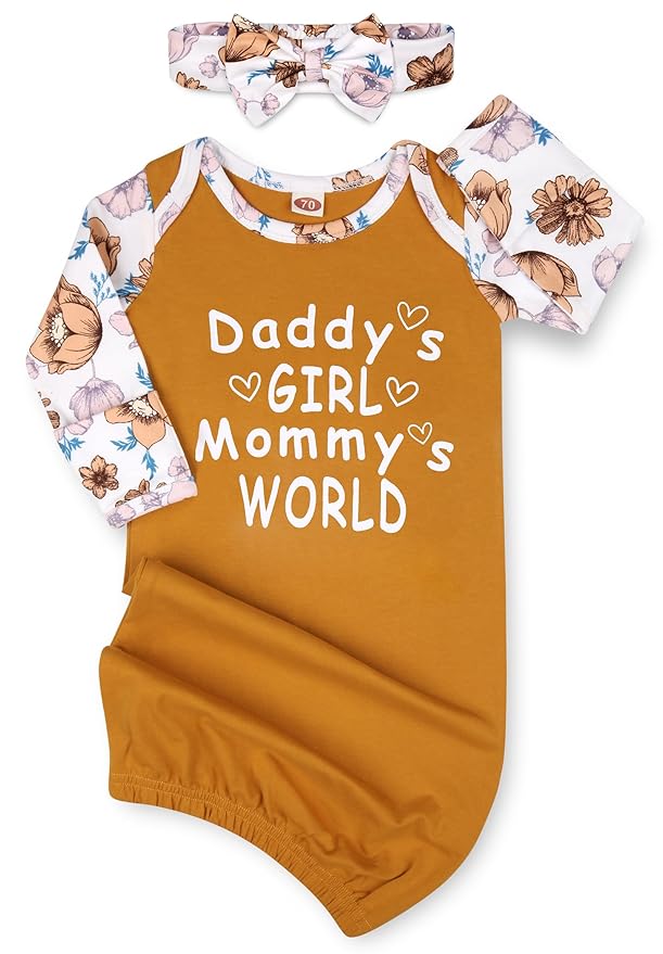 Newborn Baby Girl Gown 0-6 Months, Super Soft Newborn Sleepers Gown, Long Sleeve Infant Nightgown for Girls, Baby Girl Outfit Essential with Headband Set Orange Yellow