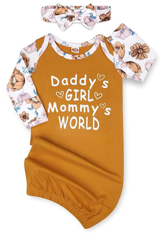 Newborn Baby Girl Gown 0-6 Months, Super Soft Newborn Sleepers Gown, Long Sleeve Infant Nightgown for Girls, Baby Girl Outfit Essential with Headband Set Orange Yellow