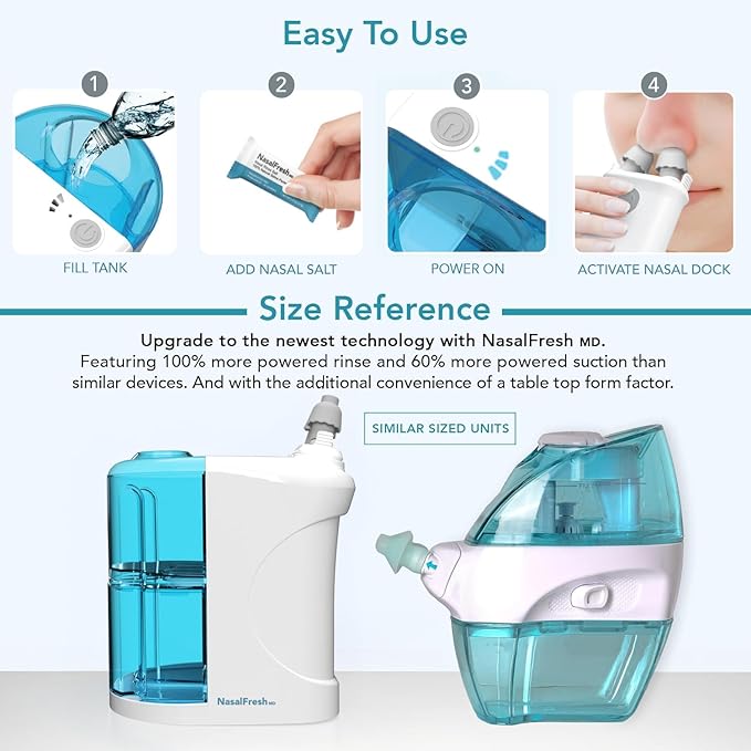 NASALFRESH MD - Dual Powered Nasal Irrigation System Nasal Rinse and Wash - Sinus Decongestant Relief System w/ 30 Saline Packets - Rechargeable - 1 Set of Nose Pillows - Snoring Remedy