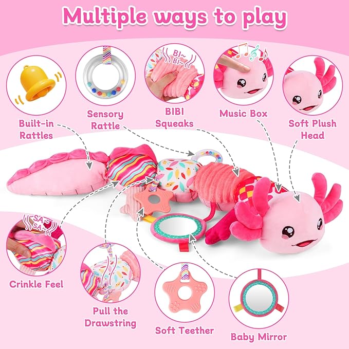 Baby Girls Toys 0-6 Months,Infant Sensory Caterpillar Pink Axolotl Baby Musical Rattles Tummy Time Toys for 0 3 6 9 12 Months Stuffed Plush with Crinkle, Mirror,Teether for Newborn Shower Gifts