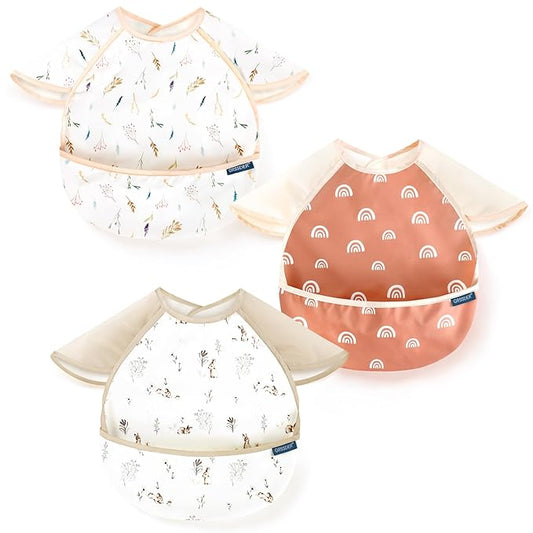 GRSSDER 3-pack Mess Proof Baby Feeding Bibs with Food Catcher Pocket, Soft Lightweight Waterproof Fabric Material with Zero Plastic-like Feel, Adjustable and Easy Clean Toddler Bibs for 6-36 Months