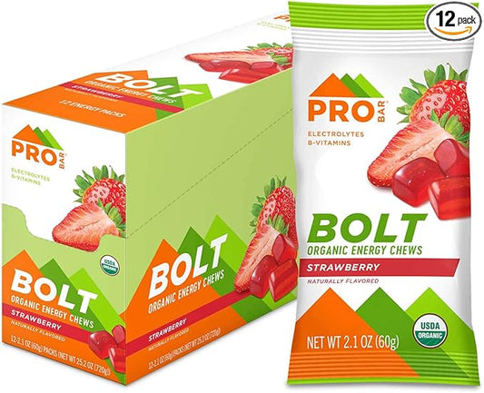 PROBAR - Bolt Organic Energy Chews, Strawberry, Non-GMO, Gluten-Free, USDA Certified Organic, Healthy, Natural Energy, Fast Fuel Gummies with Vitamins B & C (12 Count)